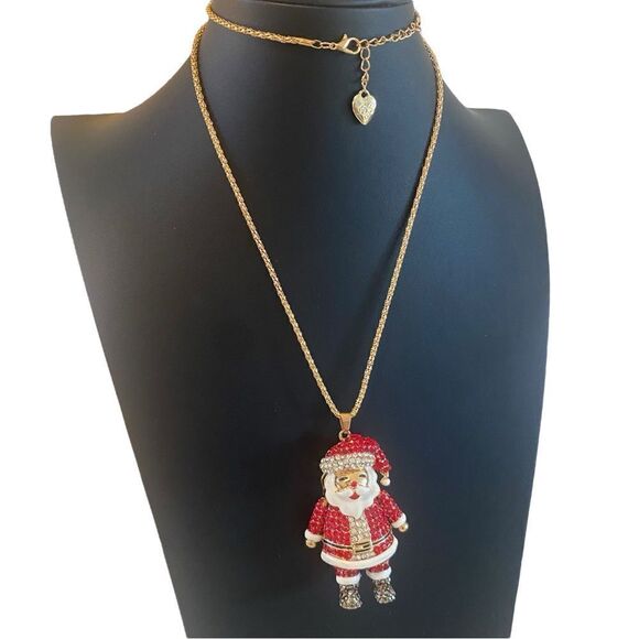 Sparkly Red Santa Claus Pendant on Long Gold Toned Chain. - Picture 2 of 7